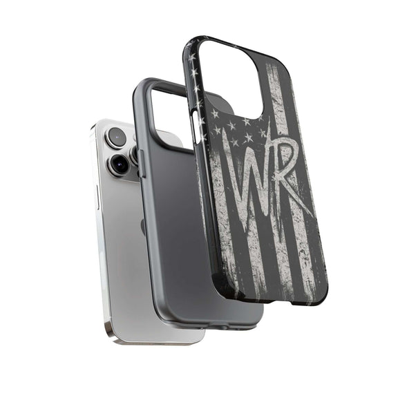 Distressed American flag design on a Patriotic Monogram Tough Phone Case featuring initials WR by Printify.