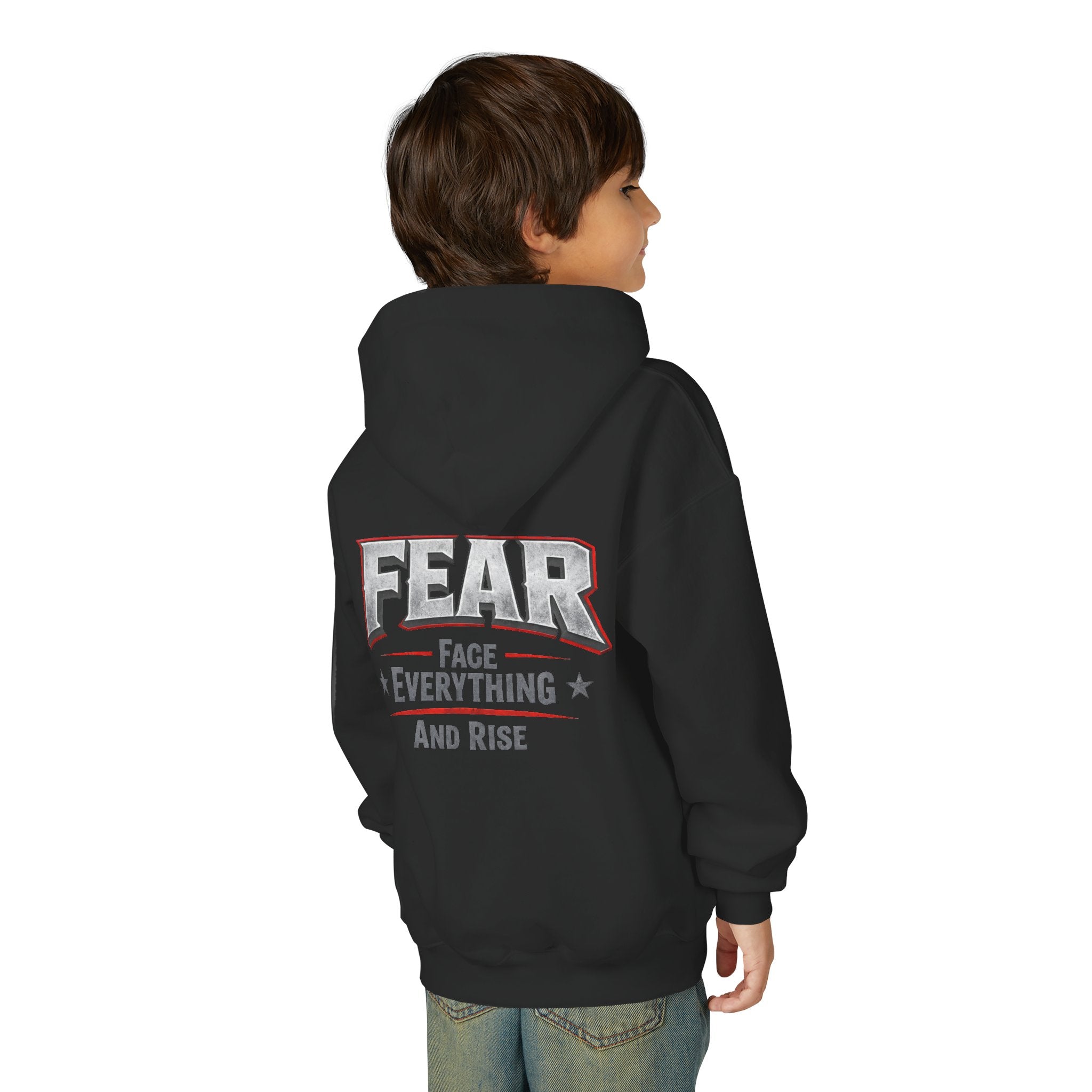 Youth Hoodie Distressed American Flag with 'WR' Front & 'Fear Face Everything And Rise' Motivational Back - Wicked & Riled Clothing