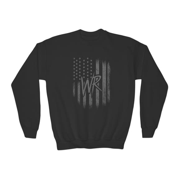 Youth Crewneck Sweatshirt Distressed American Flag with 'WR' Logo - Wicked & Riled Clothing