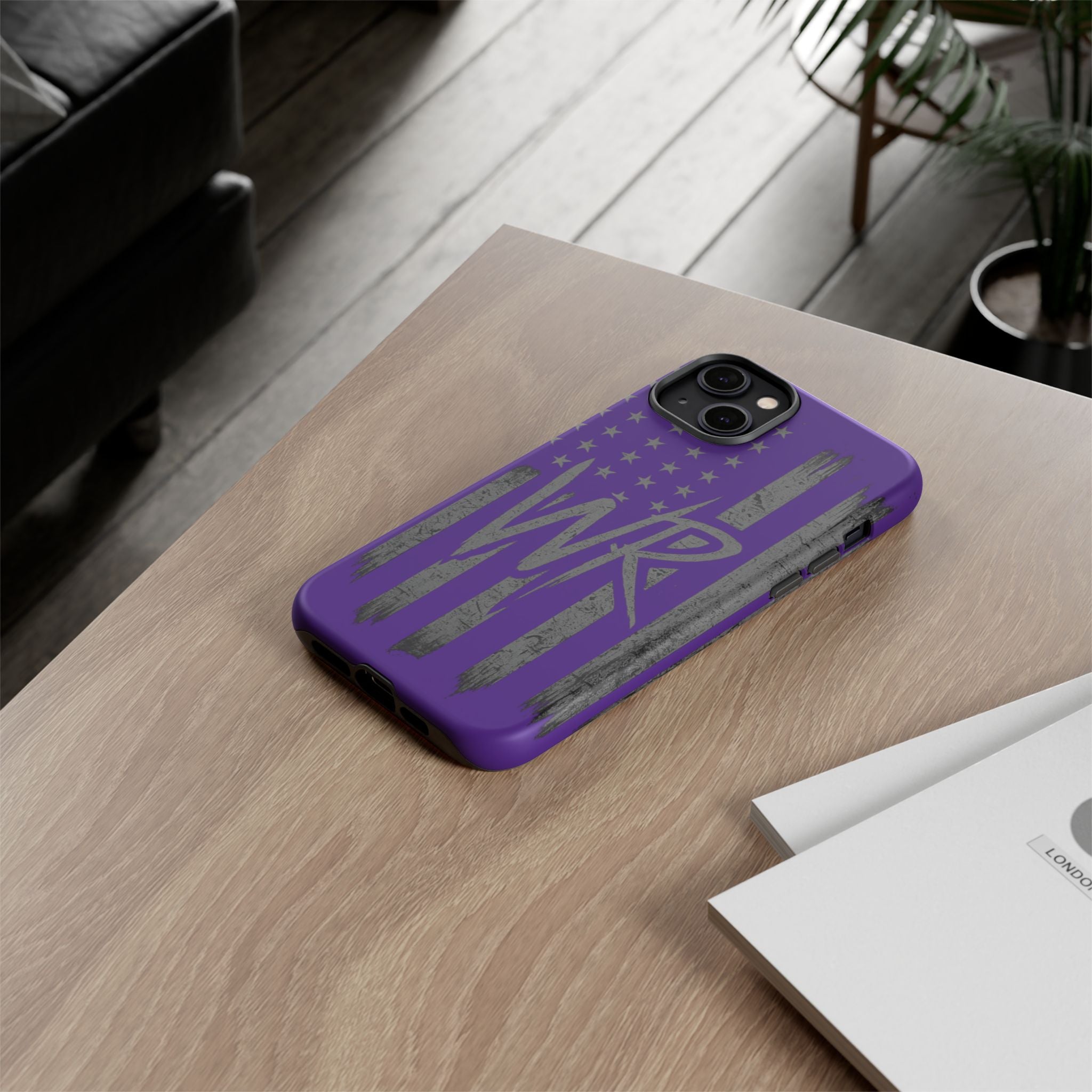 Purple 'WR' flag tough phone case by Printify, featuring a durable design and vibrant colors for protection and style.
