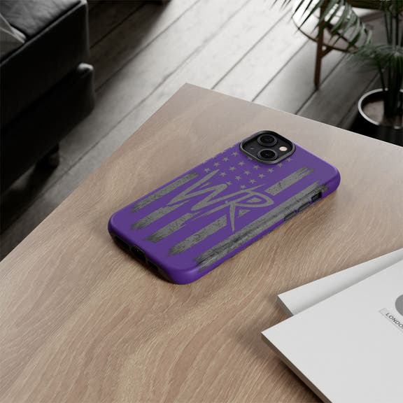 Purple 'WR' flag tough phone case by Printify, featuring a durable design and vibrant colors for protection and style.