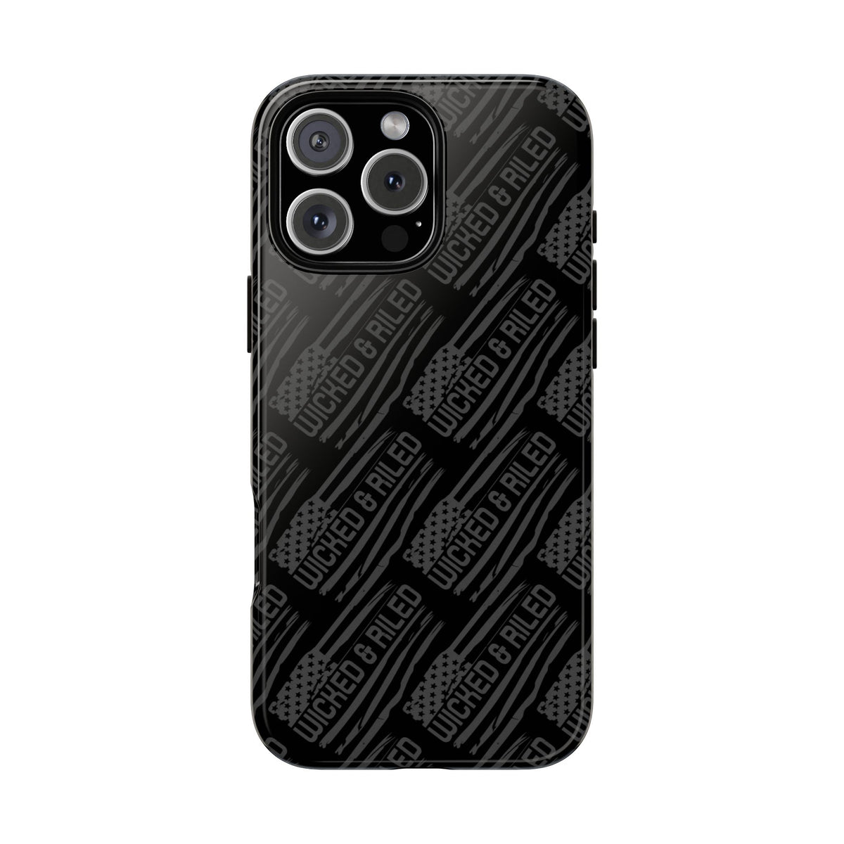 Rugged black protective phone case by Printify with a textured "TOUGH CASES" pattern, showcasing durable design.