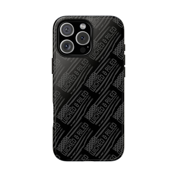 Rugged black protective phone case by Printify with a textured "TOUGH CASES" pattern, showcasing durable design.