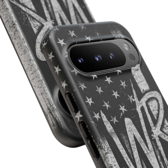 Distressed American flag phone case featuring a WR monogram, designed by Printify for tough protection.