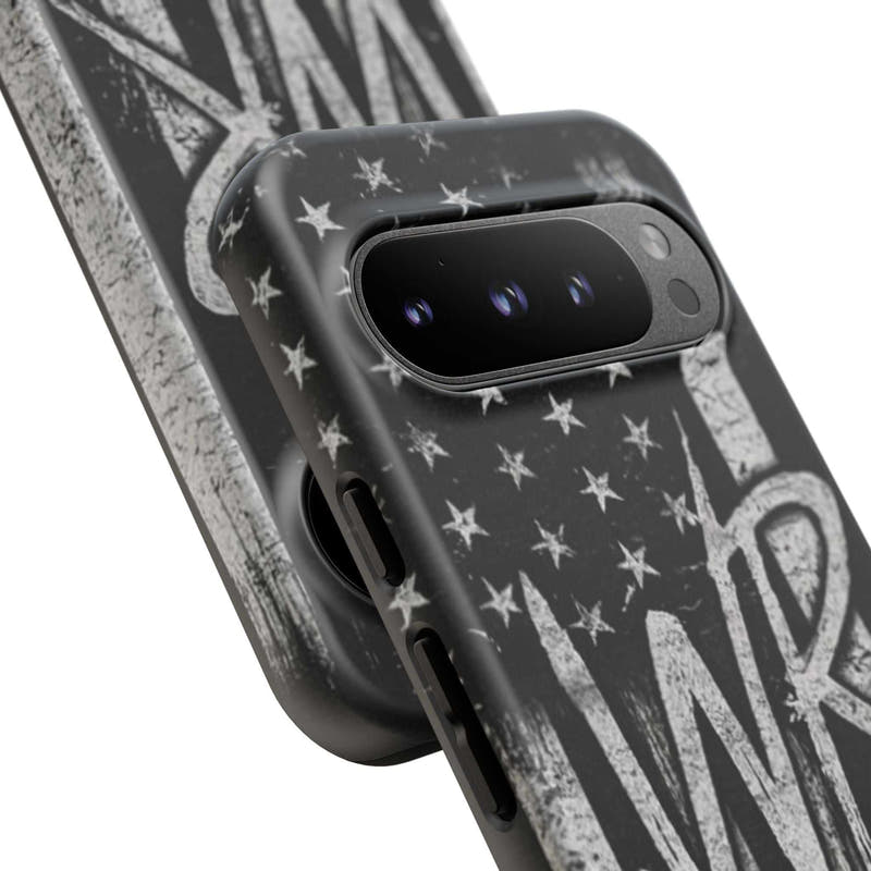 Distressed American flag phone case featuring a WR monogram, designed by Printify for tough protection.