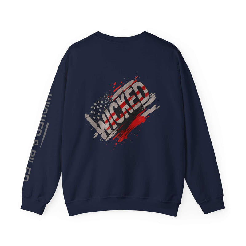 Wicked Americana Crewneck Sweatshirt by Printify featuring a bold Wicked Flag design in a cozy, casual style.