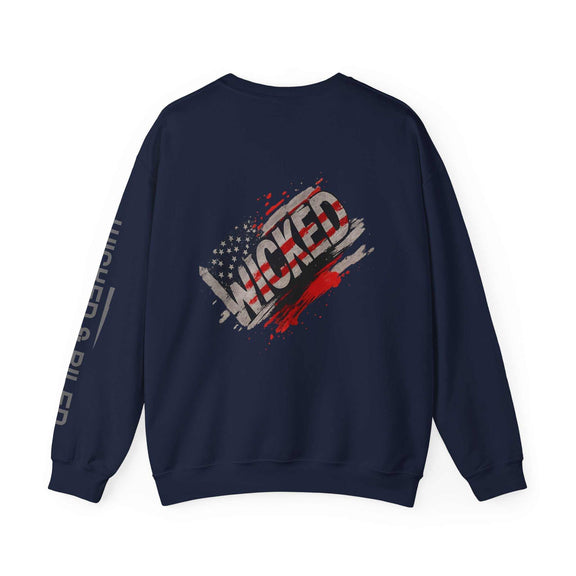 Wicked Americana Crewneck Sweatshirt by Printify featuring a bold Wicked Flag design in a cozy, casual style.