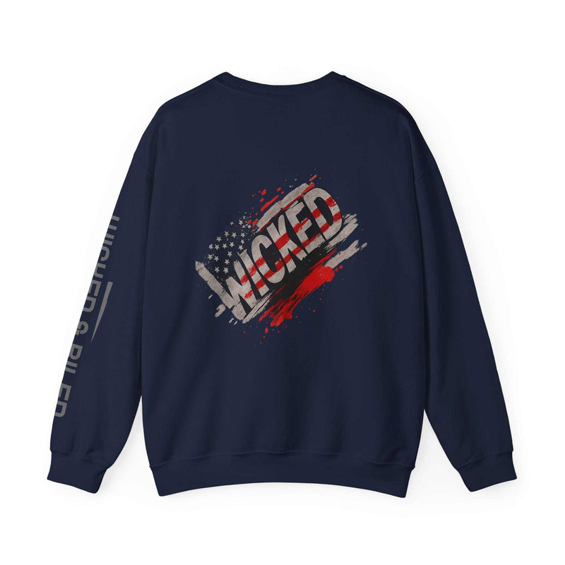 Wicked Americana Crewneck Sweatshirt by Printify featuring a bold Wicked Flag design in a cozy, casual style.