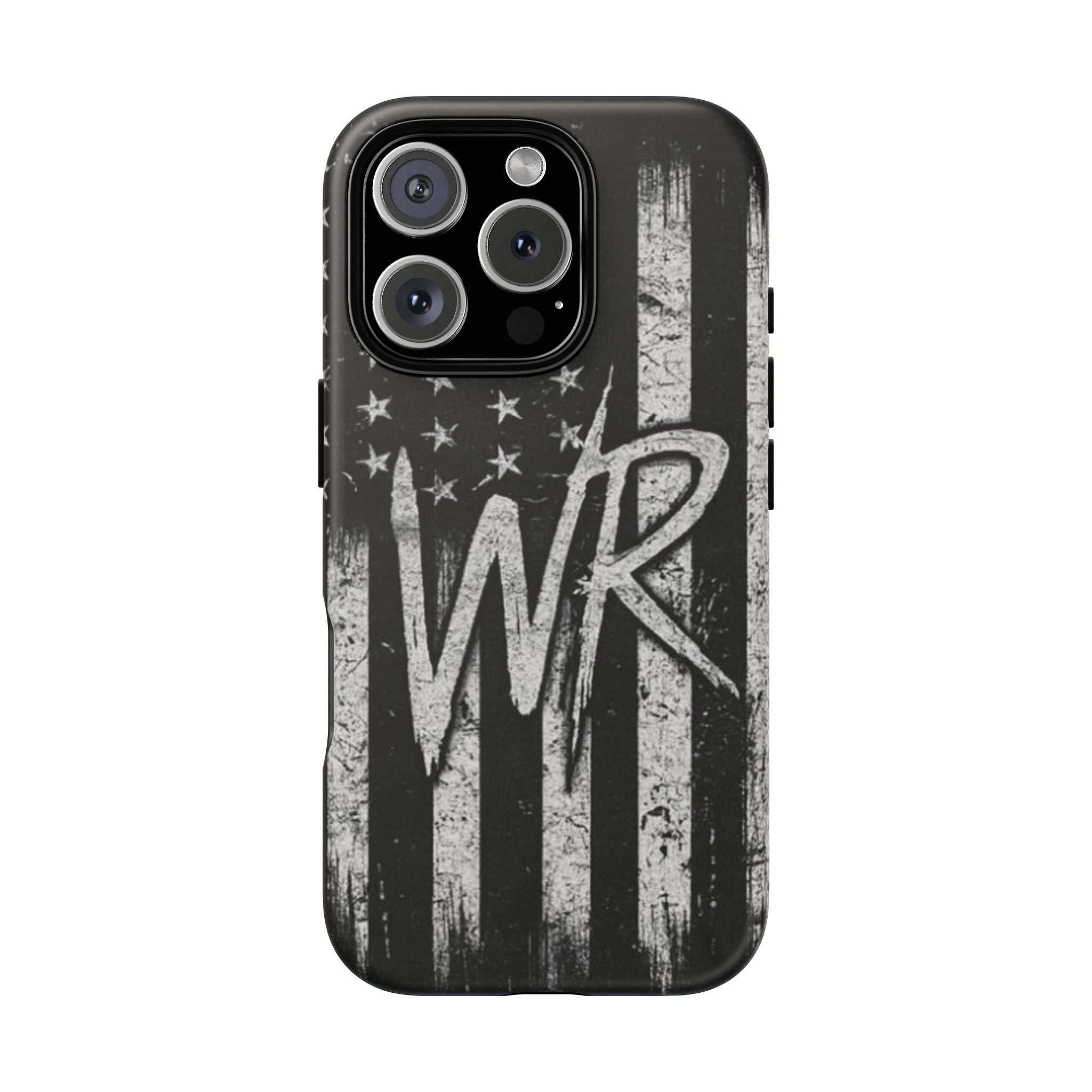 Distressed American flag phone case featuring a WR monogram, designed by Printify for tough protection.