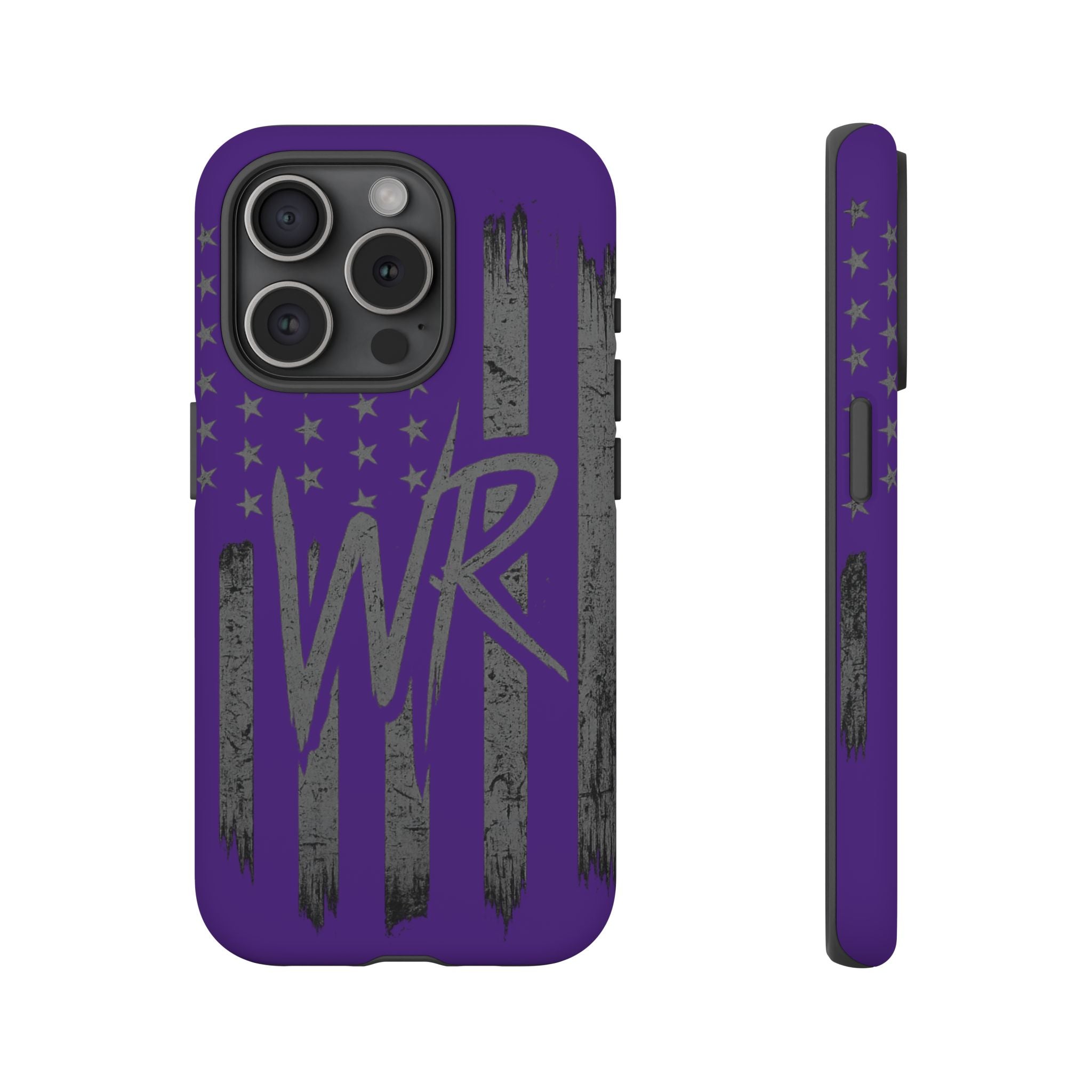 Purple 'WR' Flag Tough Phone Case by Printify, showcasing durable design and vibrant flag graphics on a phone.