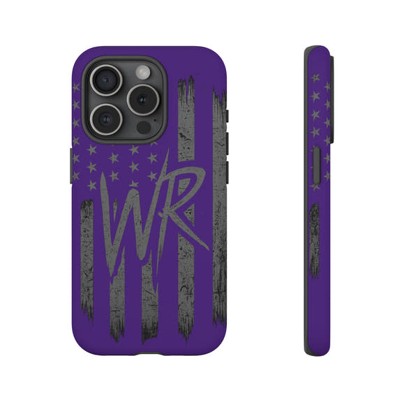Purple 'WR' Flag Tough Phone Case by Printify, showcasing durable design and vibrant flag graphics on a phone.