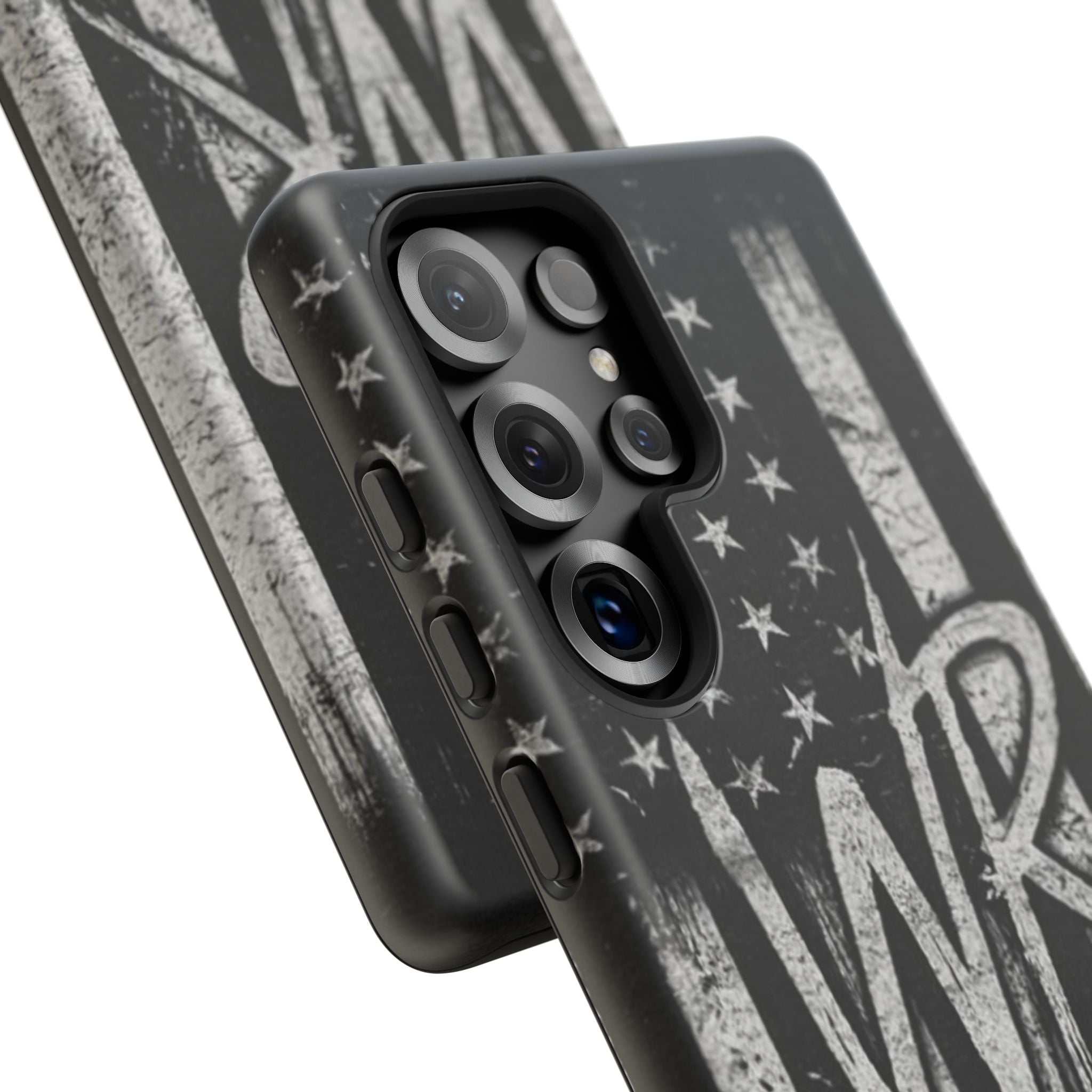 Distressed American flag phone case featuring a custom monogram "WR" from Printify.