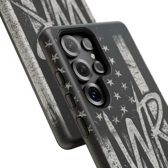 Distressed American flag phone case featuring a custom monogram "WR" from Printify.