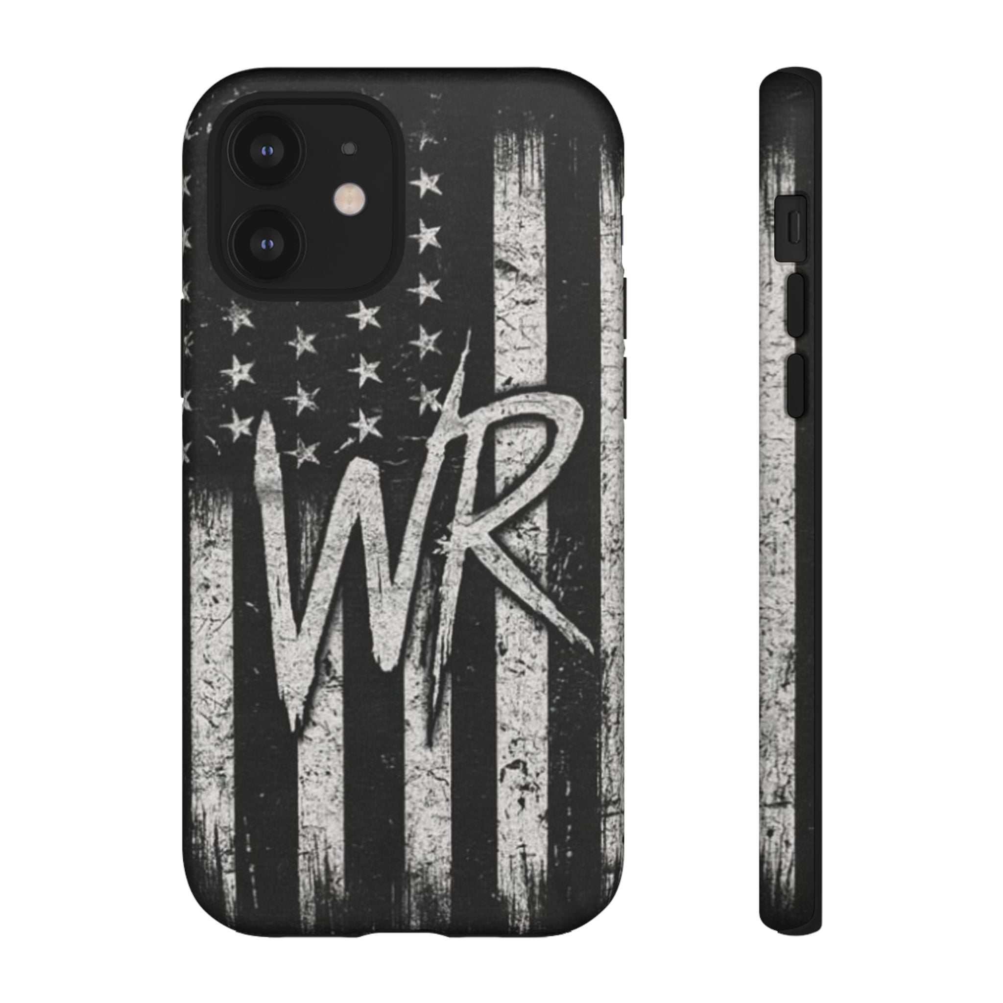 Distressed American flag design on a Patriotic Monogram Tough Phone Case featuring the initials WR by Printify.