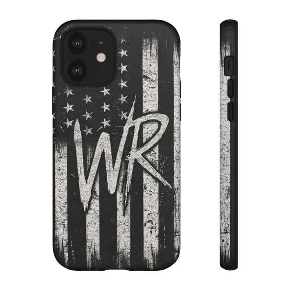 Distressed American flag design on a Patriotic Monogram Tough Phone Case featuring the initials WR by Printify.