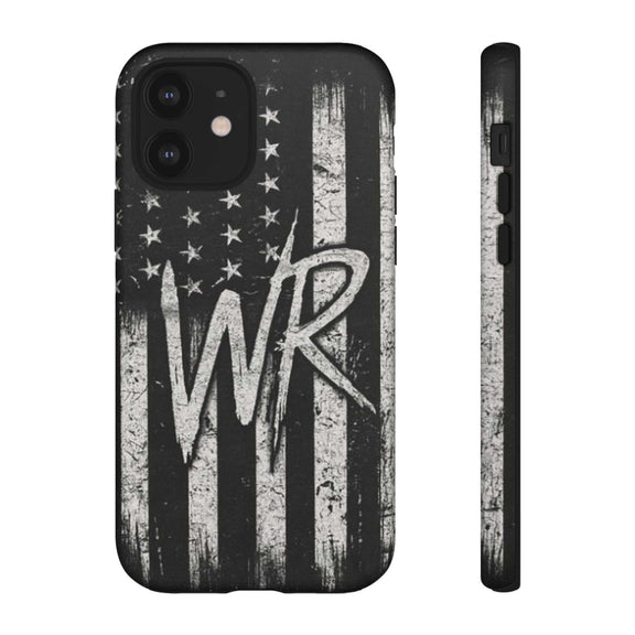 Distressed American flag design on a Patriotic Monogram Tough Phone Case featuring the initials WR by Printify.