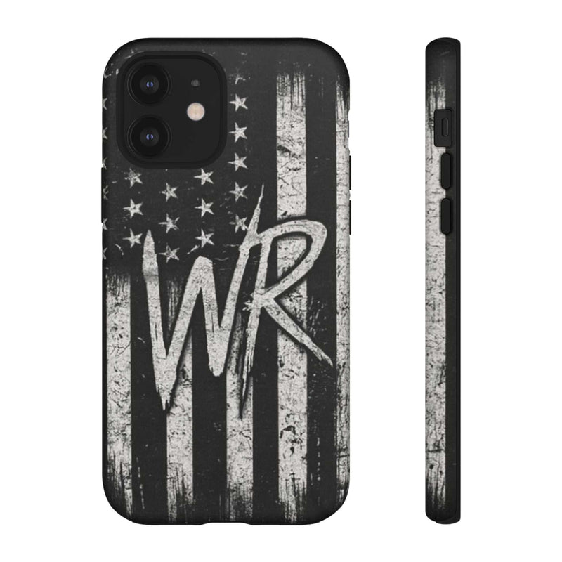 Distressed American flag design on a Patriotic Monogram Tough Phone Case featuring the initials WR by Printify.