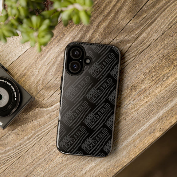 Rugged black protective phone case by Printify featuring a textured "TOUGH CASES" pattern for enhanced grip and durability.