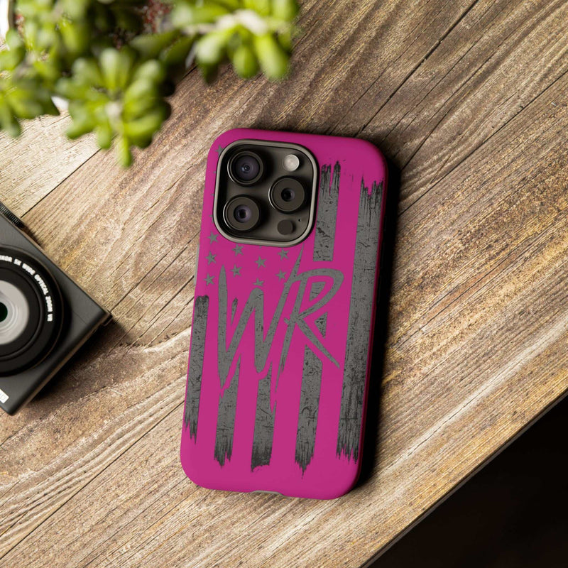 Pink 'WR' Flag Tough Phone Case by Printify showcasing durable design and vibrant flag pattern against a white background.