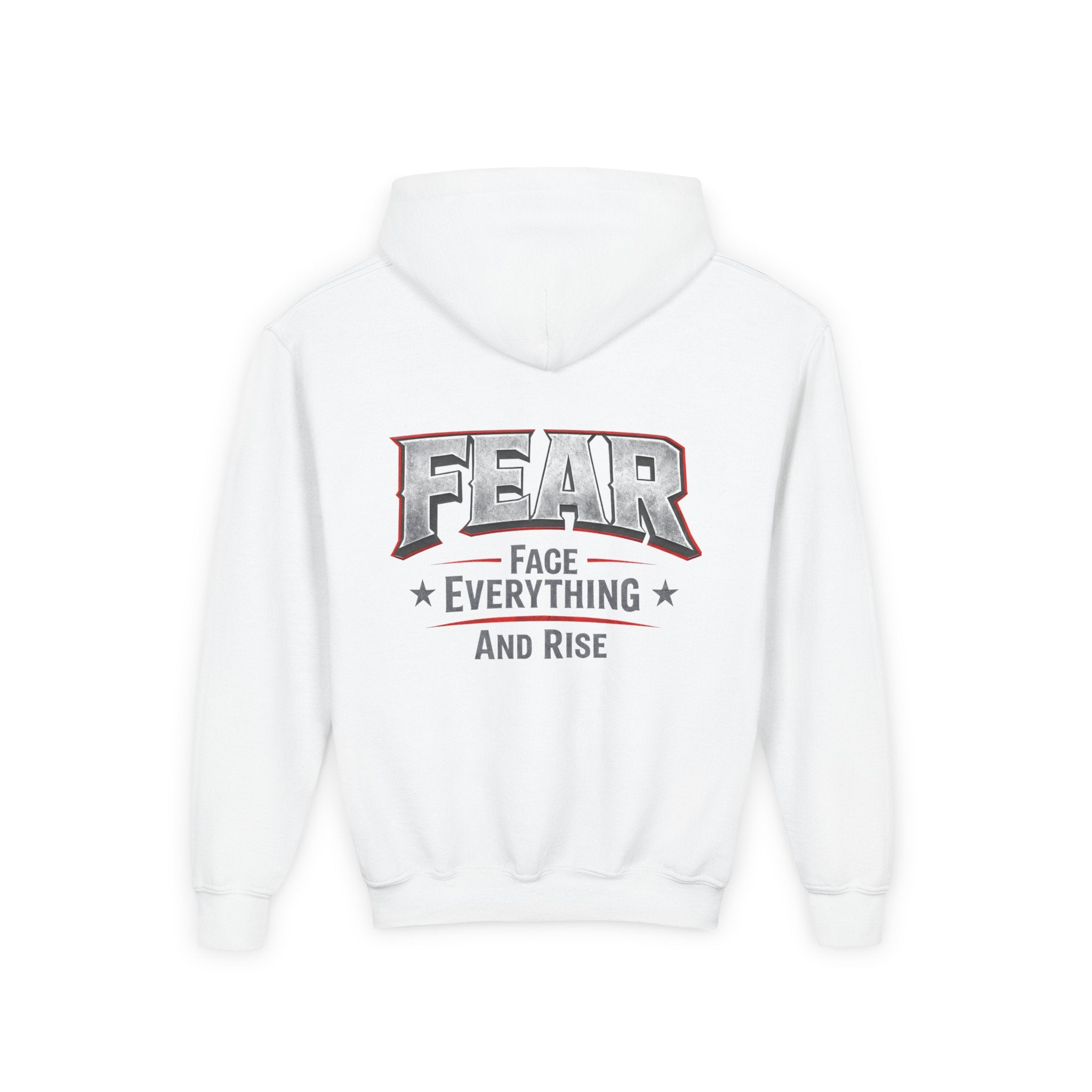 Youth Hoodie Distressed American Flag with 'WR' Front & 'Fear Face Everything And Rise' Motivational Back - Wicked & Riled Clothing