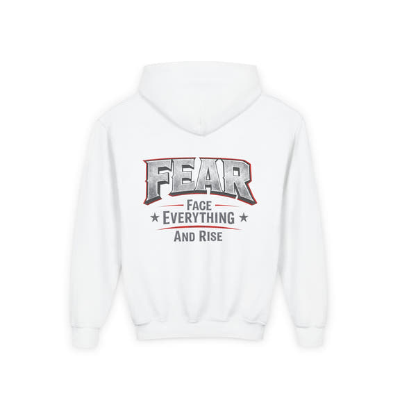 Youth Hoodie Distressed American Flag with 'WR' Front & 'Fear Face Everything And Rise' Motivational Back - Wicked & Riled Clothing