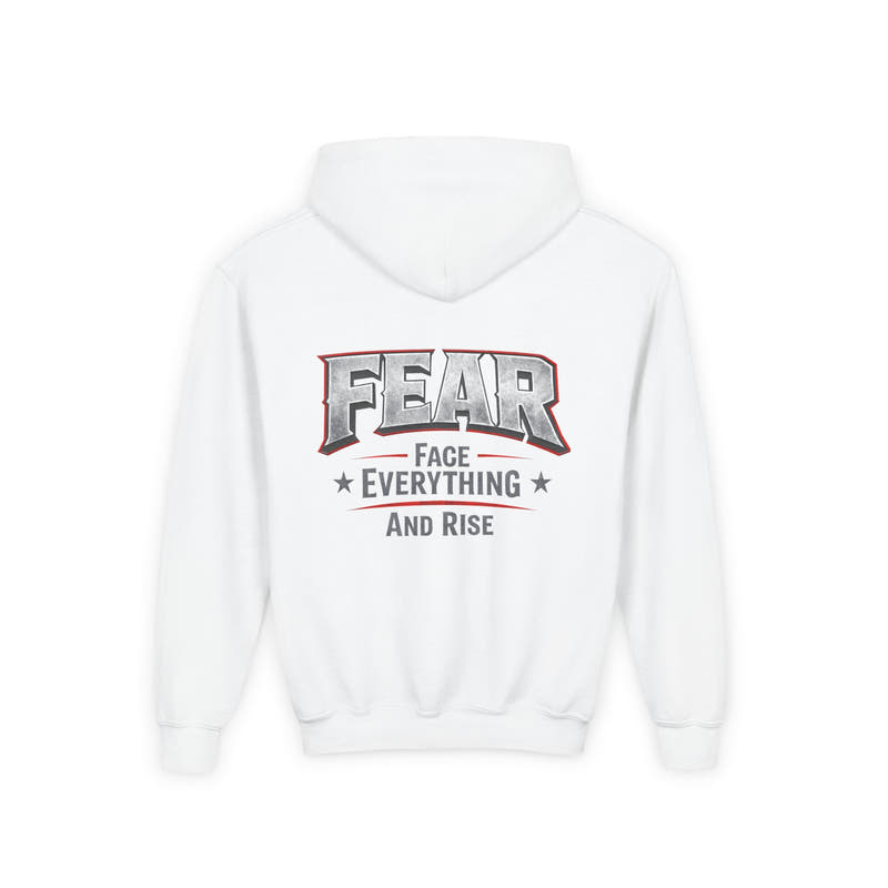 Youth Hoodie Distressed American Flag with 'WR' Front & 'Fear Face Everything And Rise' Motivational Back - Wicked & Riled Clothing
