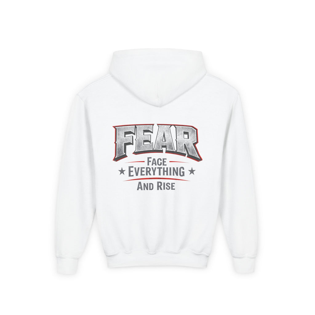 Youth Hoodie Distressed American Flag with 'WR' Front & 'Fear Face Everything And Rise' Motivational Back