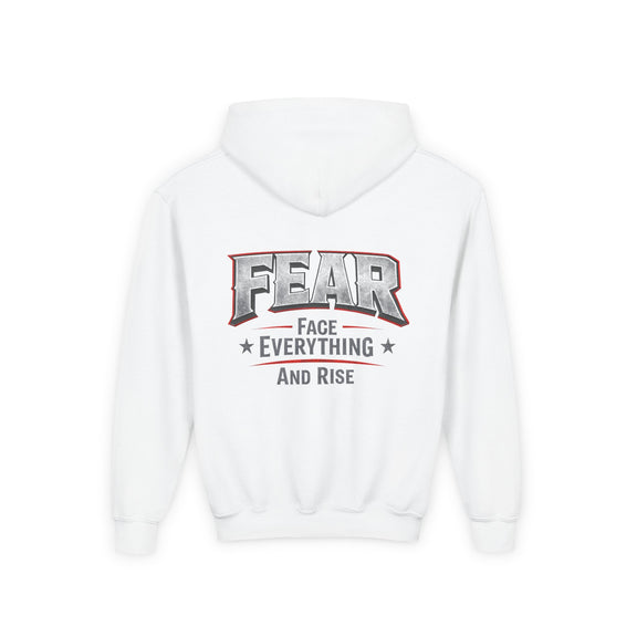 Youth Hoodie Distressed American Flag with 'WR' Front & 'Fear Face Everything And Rise' Motivational Back - Wicked & Riled Clothing