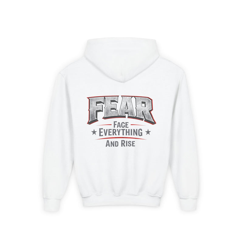 Youth Hoodie Distressed American Flag with 'WR' Front & 'Fear Face Everything And Rise' Motivational Back - Wicked & Riled Clothing