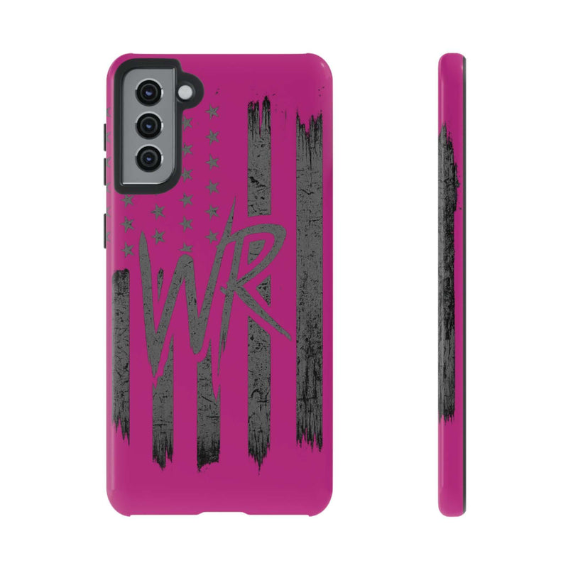 Pink 'WR' Flag Tough Phone Case by Printify with durable design and vibrant flag pattern on a sleek surface.