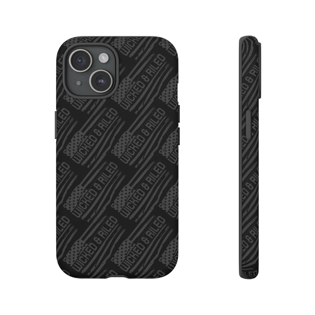 Rugged black protective phone case with "TOUGH CASES" text pattern by Printify, showcasing durable design and texture.