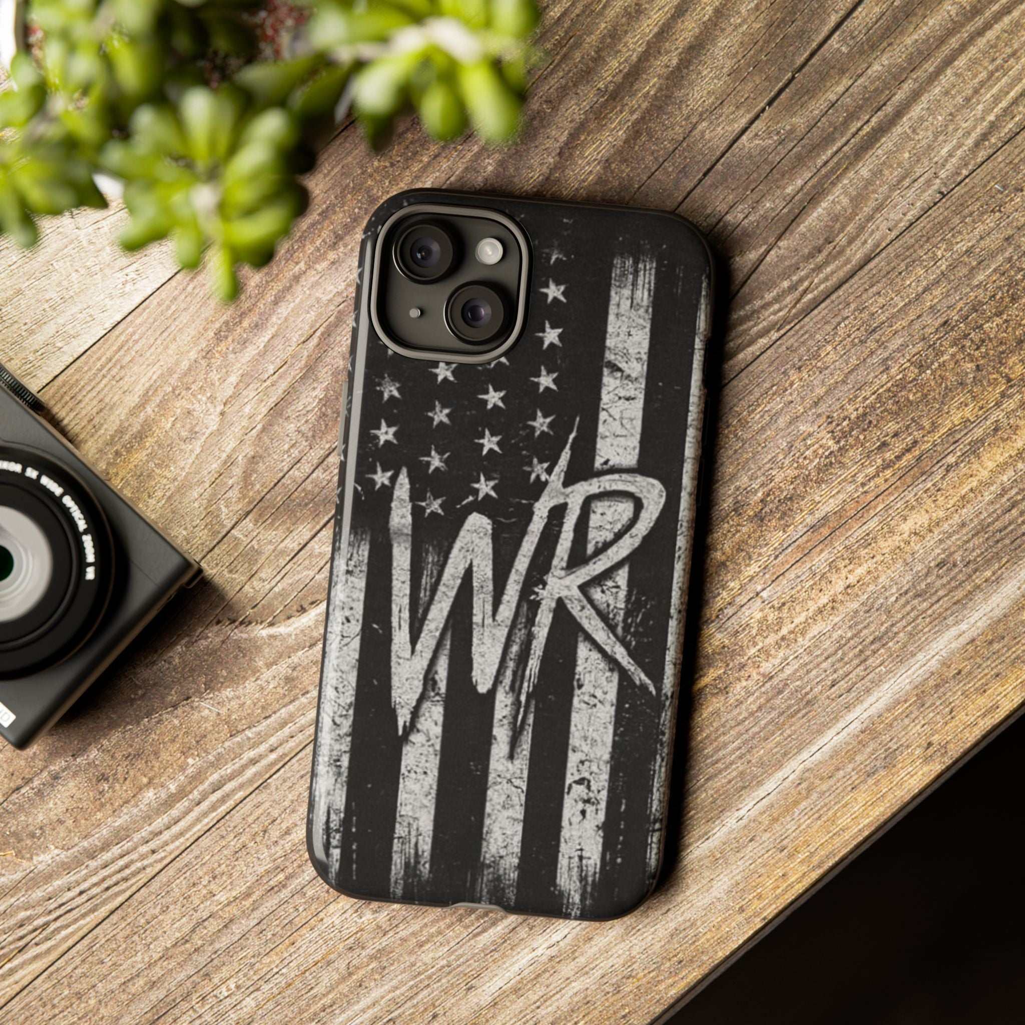 Distressed American flag design on a Patriotic Monogram Tough Phone Case featuring the initials WR by Printify.