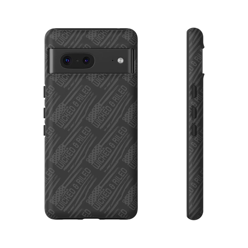 Rugged black protective phone case by Printify featuring a textured "TOUGH CASES" pattern for added grip and durability.