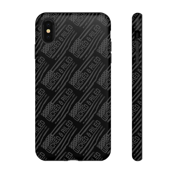 Rugged black protective phone case with "TOUGH CASES" text pattern by Printify, showcasing durable design and texture.