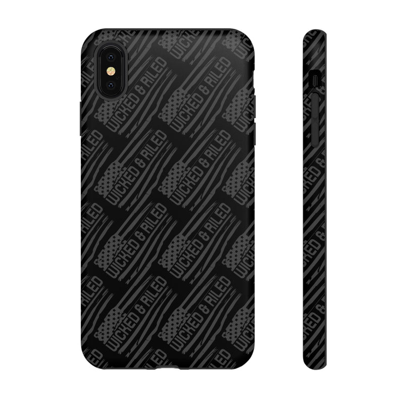 Rugged black protective phone case with "TOUGH CASES" text pattern by Printify, showcasing durable design and texture.