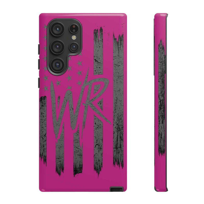 Pink 'WR' Flag Tough Phone Case by Printify, showcasing a durable design with a vibrant flag pattern.