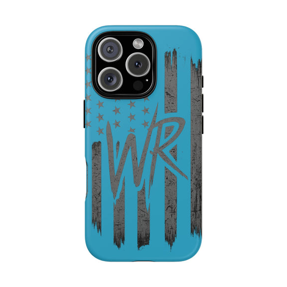 Patriotic blue 'WR' flag tough phone case by Printify with durable design and vibrant colors showcasing flag details.