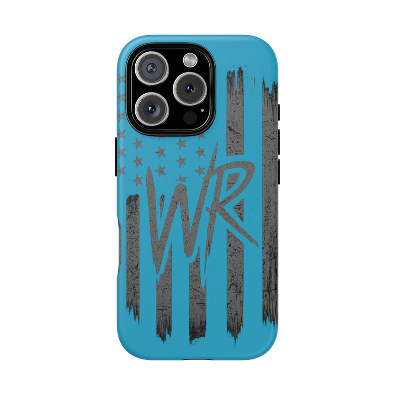 Patriotic blue 'WR' flag tough phone case by Printify with durable design and vibrant colors showcasing flag details.