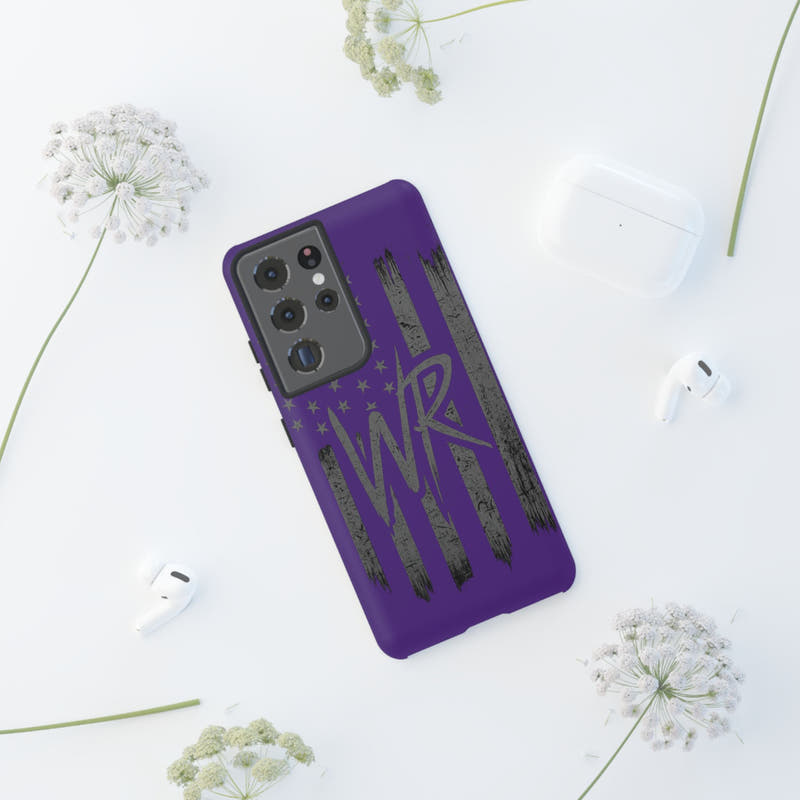 Purple 'WR' flag tough phone case by Printify, showcasing durable design and vibrant colors.