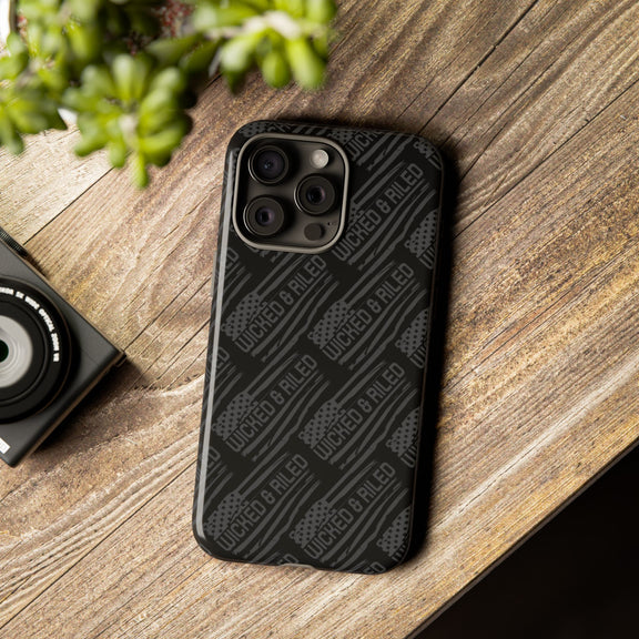 Rugged black protective phone case by Printify featuring a textured TOUGH CASES pattern for enhanced grip and durability.