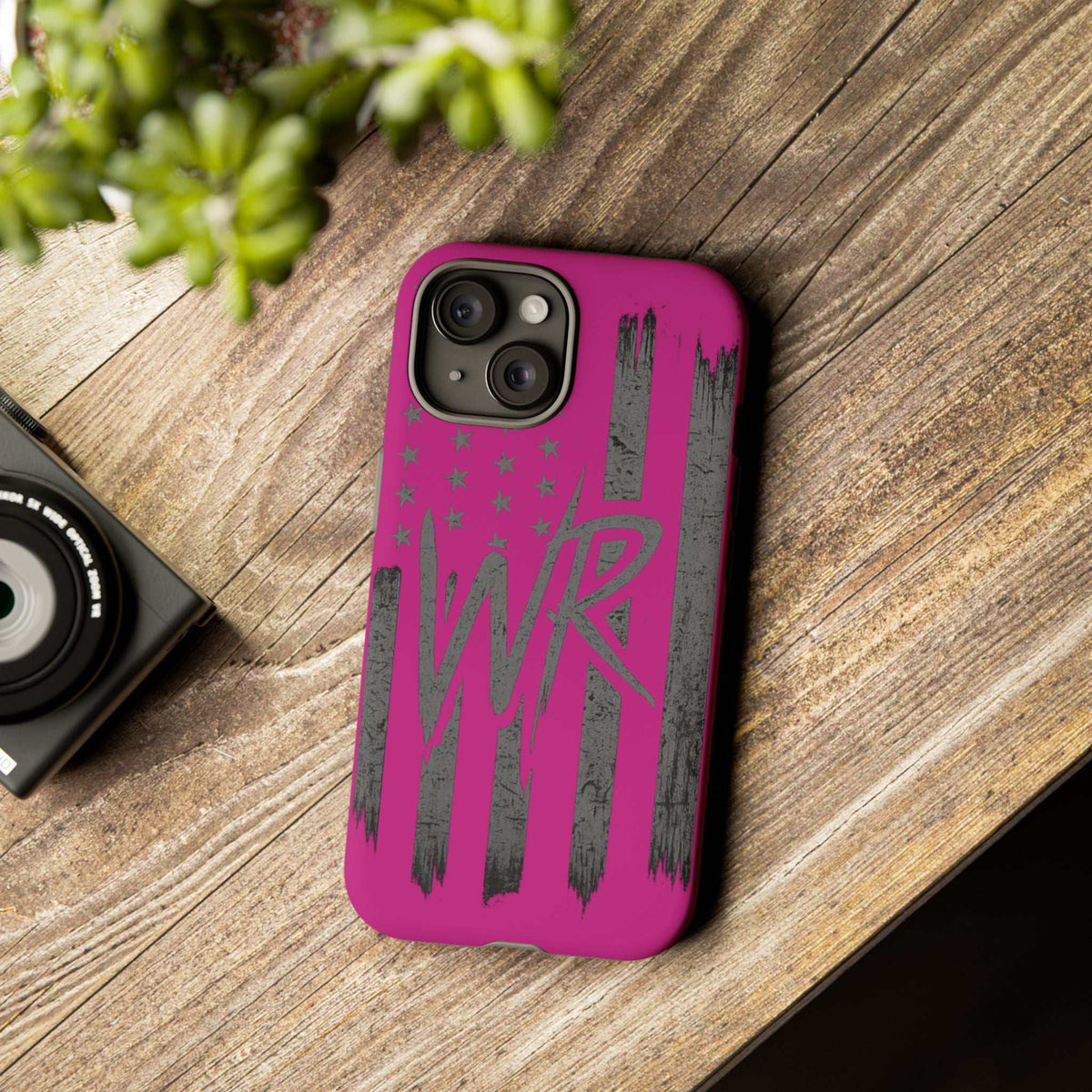 Pink 'WR' Flag Tough Phone Case by Printify, showcasing durable design and vibrant flag pattern.