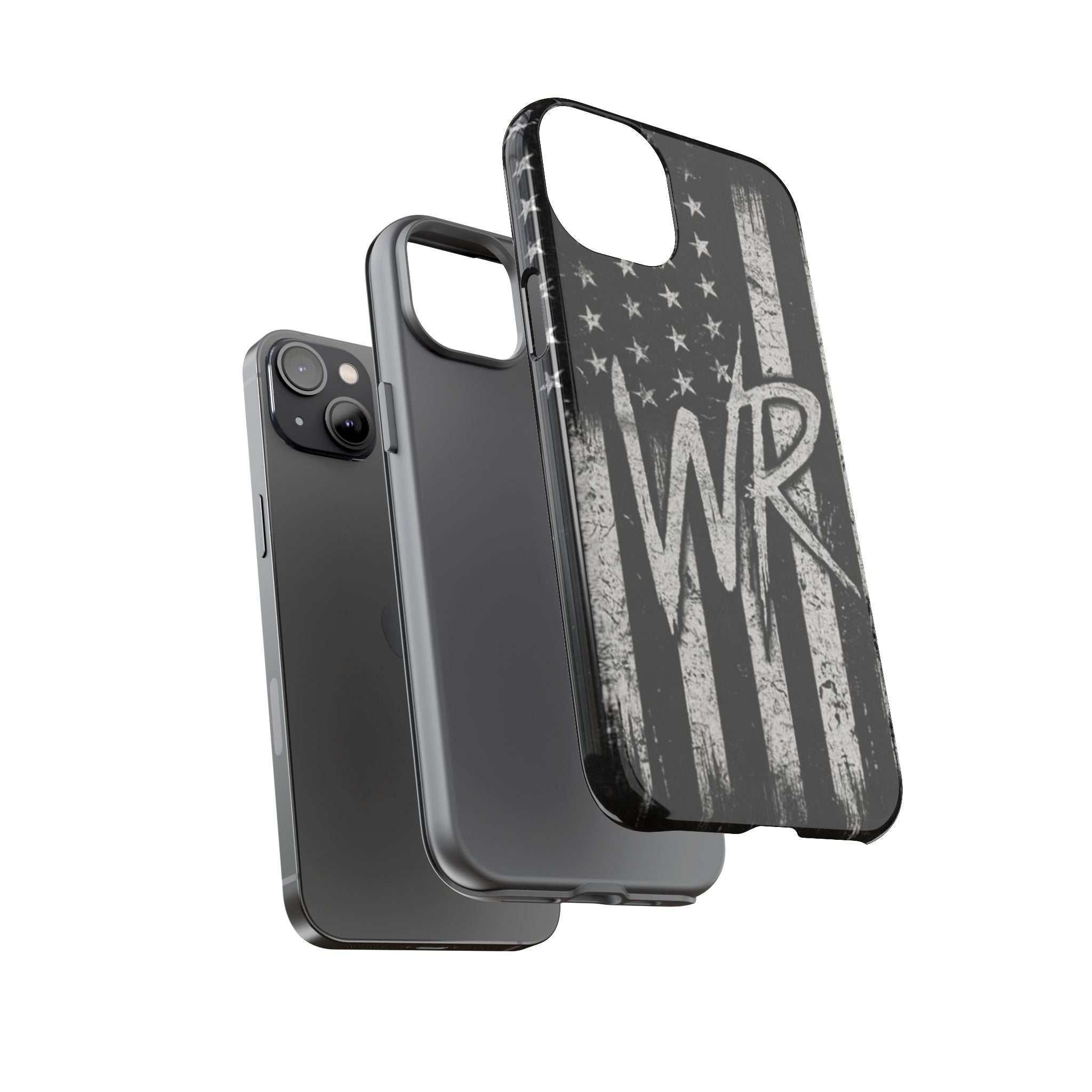 Patriotic monogram phone case featuring a distressed American flag design with initials WR by Printify.