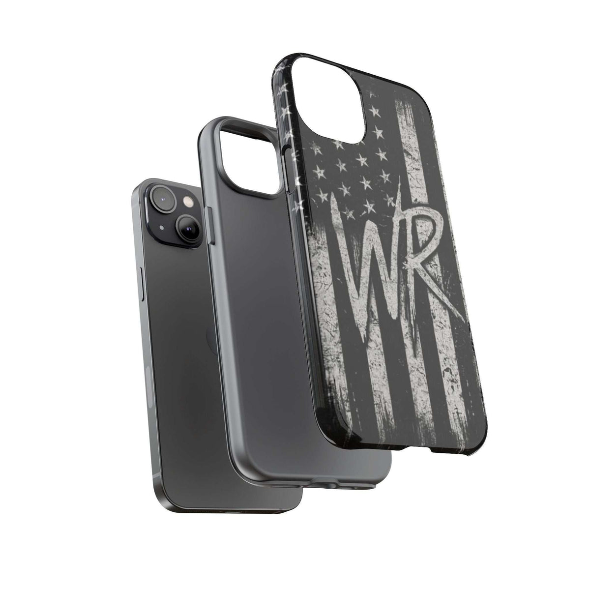 Patriotic monogram phone case featuring a distressed American flag design with initials WR by Printify.