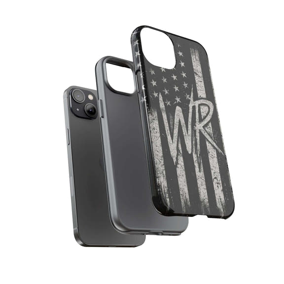 Patriotic monogram phone case featuring a distressed American flag design with initials WR by Printify.