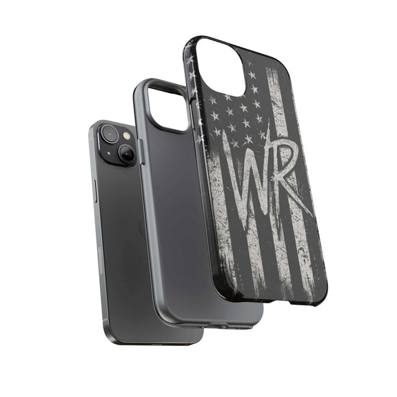 Patriotic monogram phone case featuring a distressed American flag design with initials WR by Printify.