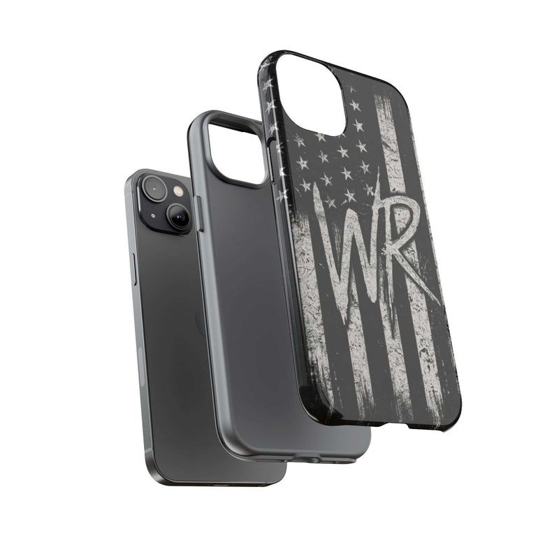Patriotic monogram phone case featuring a distressed American flag design with initials WR by Printify.