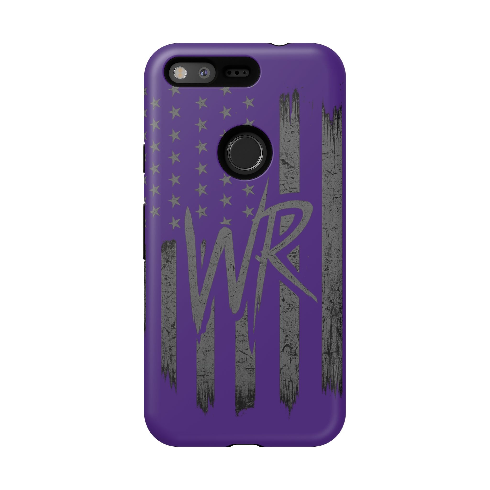 Purple 'WR' flag tough phone case by Printify, showcasing durable design and vibrant colors with a textured finish.
