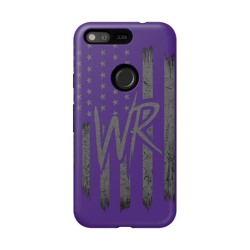 Purple 'WR' flag tough phone case by Printify, showcasing durable design and vibrant colors with a textured finish.