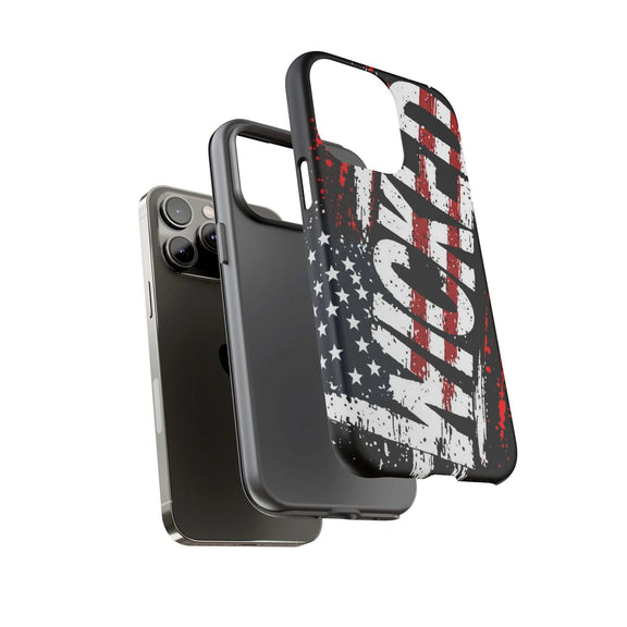 Distressed American flag phone case featuring "VETERAN" graphic by Printify for rugged, patriotic protection.