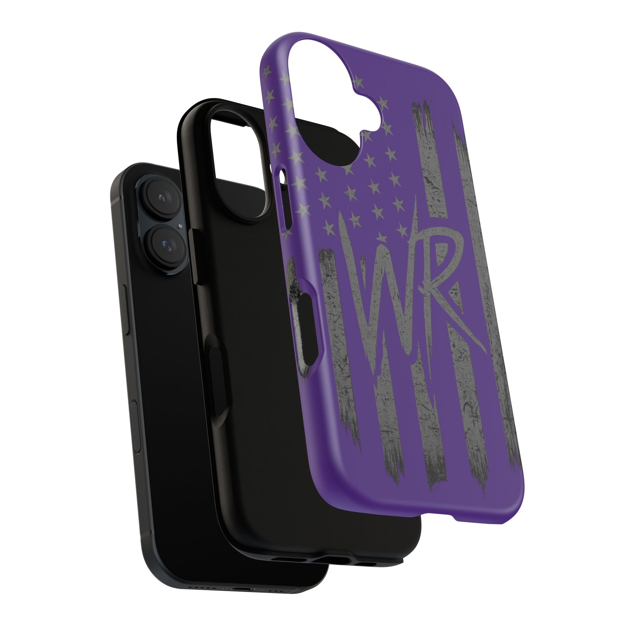 Purple 'WR' flag tough phone case by Printify with textured design and precise cutouts for buttons and ports.